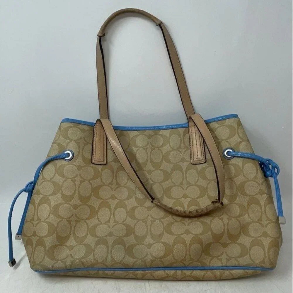 Coach Leather Signature Blue Stripe Carryall Tote Bag - Picture 3 of 8